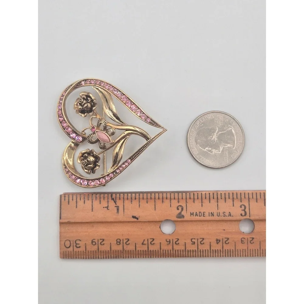 Vintage Rhinestone Brooch Set of‎ 2 Gold Tone Pink Heart Floral Butterfly Pins